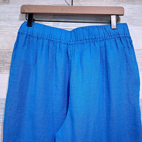 TAHARI Linen Wide Leg Crop Pants Blue Pull On Elastic Waist Casual Womens Medium - Picture 5 of 6